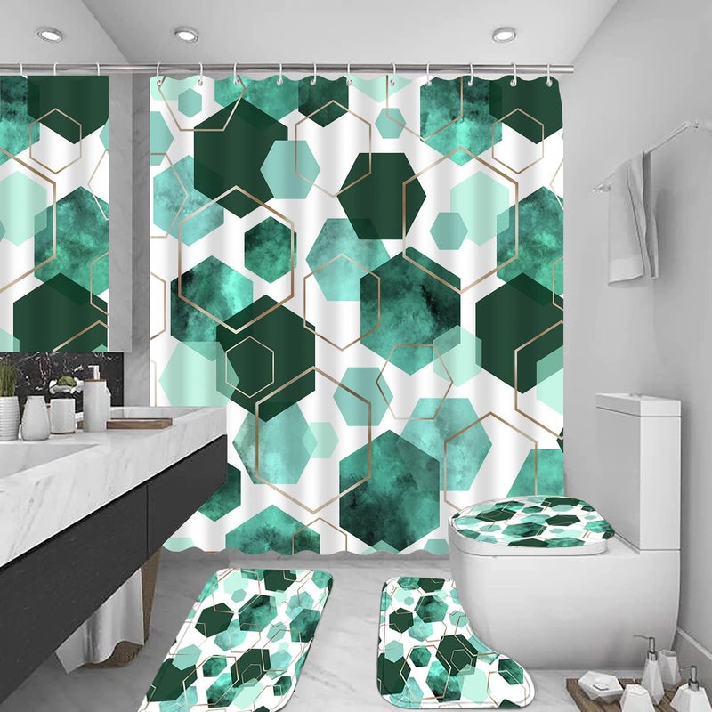 LQCOOL 4Pcs Indigo Shower Curtain Set Marble Grain Geometric Bathroom Set Fresh Turquoise Abstract Bathroom Curtain Set with 12 Hooks Carpet Bath Mat and Toilet Rugs - Image 3